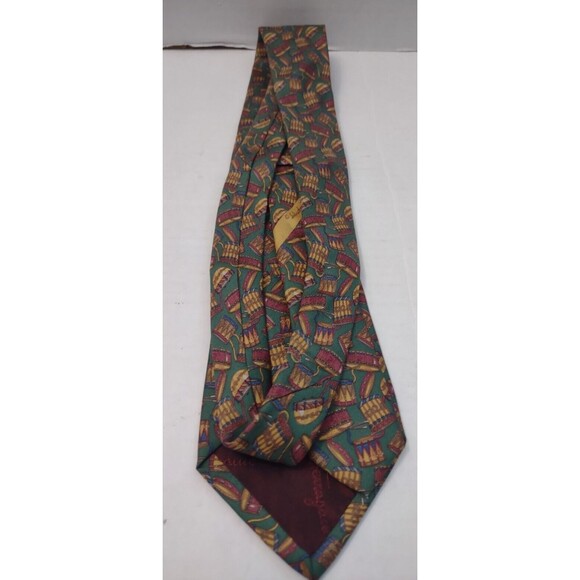 VTG Salvatore Ferragamo Tie Drum Print 100% Silk Green Necktie - Picture 2 of 6